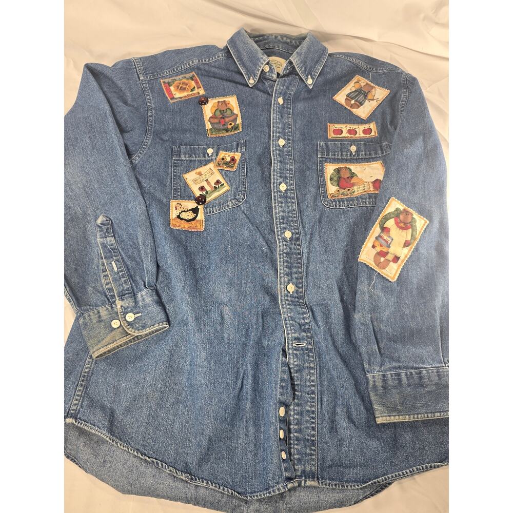Vintage G.H. Bass & Co Denim Shirt Country Bear & Farm Appliqué Patches Women L